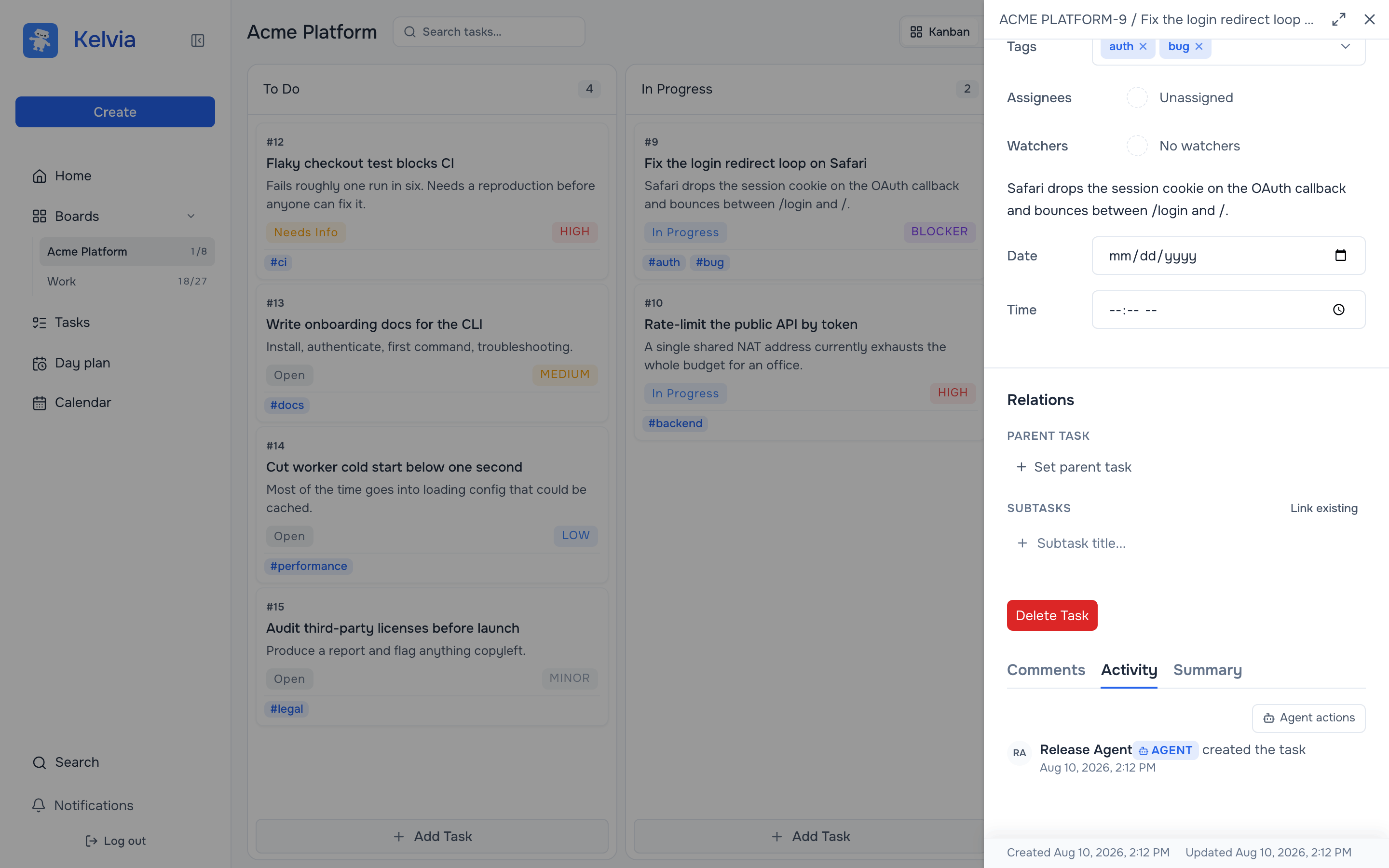 Kelvia task activity showing agent-attributed task updates, comments and worklogs